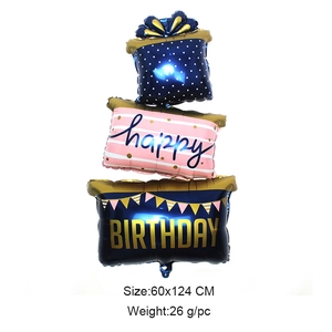 Ballon boîte cadeau à trois niveaux pour décoration d'anniversaire, 60x124cm bleu rose