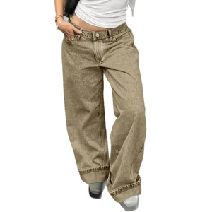Jean vintage marron à jambes larges pour femme avec délavage rétro et moustaches de mode