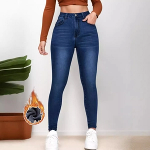 Jeans Skinny Foderati in Pile Donna Autunno Inverno Vita Alta Denim Elasticizzato Pantaloni a Matita Caldi Slim Fit Jeans Blu Effetto Usurato
