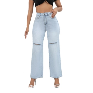 Jean bleu clair à taille haute et jambes larges avec délavage vintage et genoux déchirés