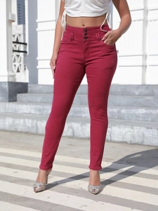 Jeans Skinny à Taille Haute pour Femmes avec Multi-Boutons Mélange de Coton Denim Lavé Pantalon Crayon Stretch Coupe Ajustée