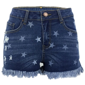 Dunkelblaue Jeans-Shorts mit Sternenmuster, Distressed-Details und Fransen am Saum