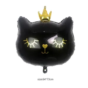 Large black cat foil balloon with golden crown and eyelashes, 64x73cm party decoration