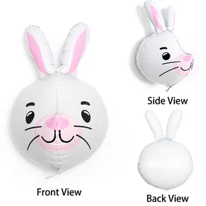 Vue triple du ballon en aluminium tête de lapin 4D blanc et rose sous divers angles