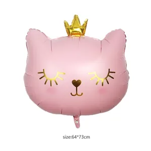 Pink crown cat foil balloon with golden eyelashes and 64x73cm size for party decoration
