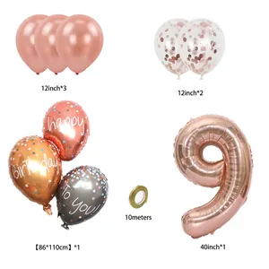 Set de ballons chiffre 9 or rose avec ballons confettis pour décoration d'anniversaire