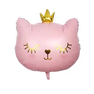 Pink cat foil balloon with golden crown and cute eyelash design for party decoration