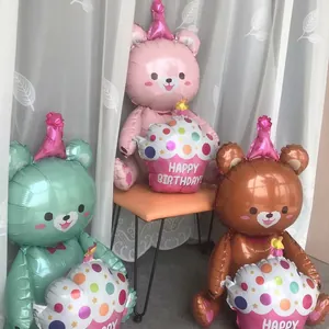 3D bear foil balloons in pink green and brown holding happy birthday cakes for party decor