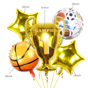 Golden champion trophy balloon set with sports balls and stars for party decor