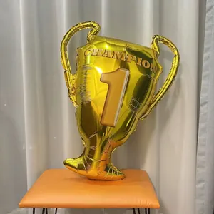 Large golden trophy foil balloon with number 1 and champion text for celebrations