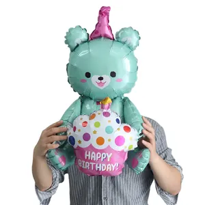 3D bear foil balloon holding a pink happy birthday cupcake for party decoration
