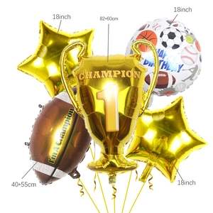 Golden champion trophy balloon set with football, stars, and sports birthday balloons