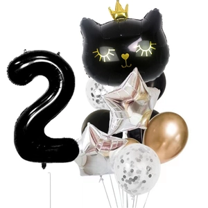 Party balloon set featuring large black number 2, crown cat head, and silver sequins