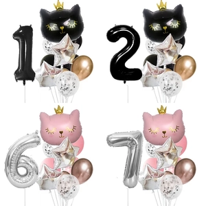 12pcs Crown Cat Balloon Set 40 Inch Number Foil Balloons Sequin Latex Balloons Kids Birthday Party Decorations