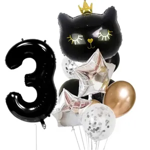 Black cat with crown and number 3 balloon set for birthday party decorations