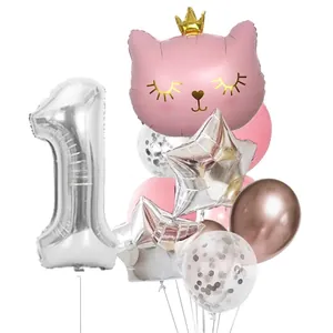 Pink crown cat and silver number 1 balloon set for first birthday party decoration