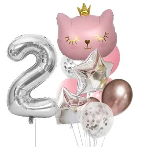 2nd birthday crown cat balloon set with silver number 2 and pink latex balloons