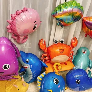 Set aus Meereslebewesen-Folienballons mit Seepferdchen Hai und Krabbe für Geburtstagsdeko