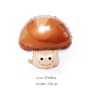 Detail of mushroom foil balloon with brown cap and smiling face design for parties