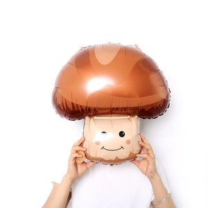 Cute mushroom-shaped foil balloon with cartoon smiley face for party decorations