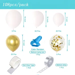 Component breakdown of 108pcs white and gold balloon arch kit with assembly accessories