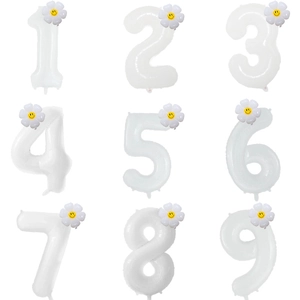 White number balloons set 1-9 with cute daisy flower decorations for birthday party decor