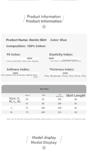 Size chart for women's high waist denim skirt detailing measurements S to XL and 100% cotton material