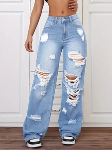 Damen High Waist Zerrissene Jeans Baumwolle Denim Distressed Gerade Hosen Vintage Gewaschen Streetwear Denim Hosen Für Frauen