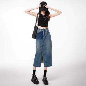 Women High Waist Color Block Denim Midi Skirt Distressed Raw Hem High Split Vintage Commuting Cotton Long Skirt Streetwear