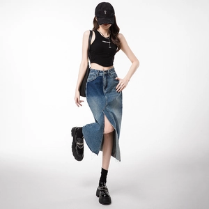 High waist split denim long skirt with gradient wash and vintage distressed finish for women