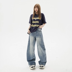 American Vintage High Waist Wide Leg Jeans For Women Retro Distressed Washed Raw Hem Denim Pants Loose Streetwear Trousers