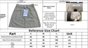 Size chart for khaki slim denim mini skirt with waist and length measurements in cm
