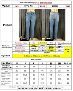 Tableau des tailles détaillé pour jeans skinny extensibles avec matériau et mesures