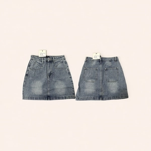 Flat lay view of front and back of high waist denim A-line skirt with washed effect
