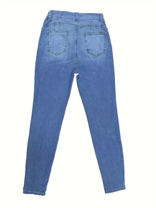 Vue arrière du jean skinny taille haute bleu délavé avec poches arrière et coupe ajustée