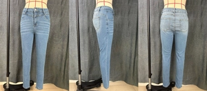 Vue en trois angles d'un jean skinny bleu clair montrant la coupe devant, côté et dos