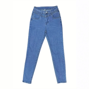 Jean skinny taille haute pour femme en bleu moyen avec délavage classique et moustaches