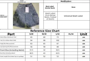 Detailed size chart for retro baggy denim cargo shorts showing waist and length measurements
