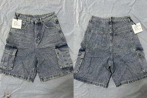 Front and back detail of light blue cargo denim shorts with large flap pockets