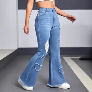 Women High Waist Flare Jeans With Heart Distressed Ripped Design Frayed Hem Stretch Denim Bell Bottom Streetwear Pants