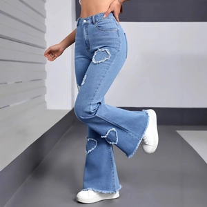 Women's light blue high waist flared jeans with heart-shaped distressed cutouts