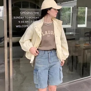 Women Retro High Waist Denim Cargo Shorts Multi Pocket Loose Wide Leg Five Point Bermuda Jean Shorts Casual Summer Streetwear