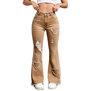 Retro khaki high-waisted flare jeans with heart-shaped cutouts and distressed edges