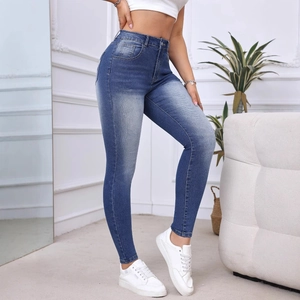 Jeans skinny blu a vita alta da donna con dettagli lavati e tessuto elasticizzato fit