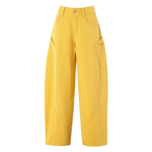 Pantalon en jean taille haute jaune vif à jambes larges avec broderie et grandes poches