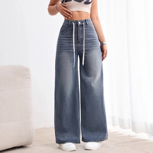 Jeans Femme Taille Haute Jambe Large Rétro Américain Délavé Droit Cordon de Serrage Pantalon en Denim Ample Décontracté