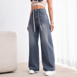 Jean large à taille haute avec cordon de serrage et délavage vintage bleu classique