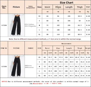 Size chart for high waisted wide leg denim pants showing measurements from XS to XL