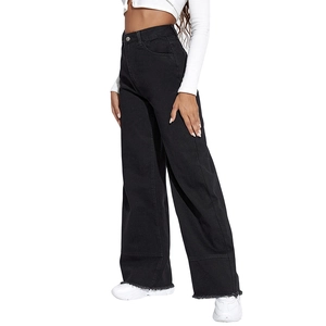Close-up detail of high-waisted wide-leg jeans featuring raw hem and frayed edges