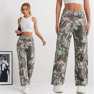 Jeans Femme Taille Haute Jambe Droite Camouflage Arbre Pantalons Denim Jambe Large Imprimé Streetwear Décontracté Amincissant